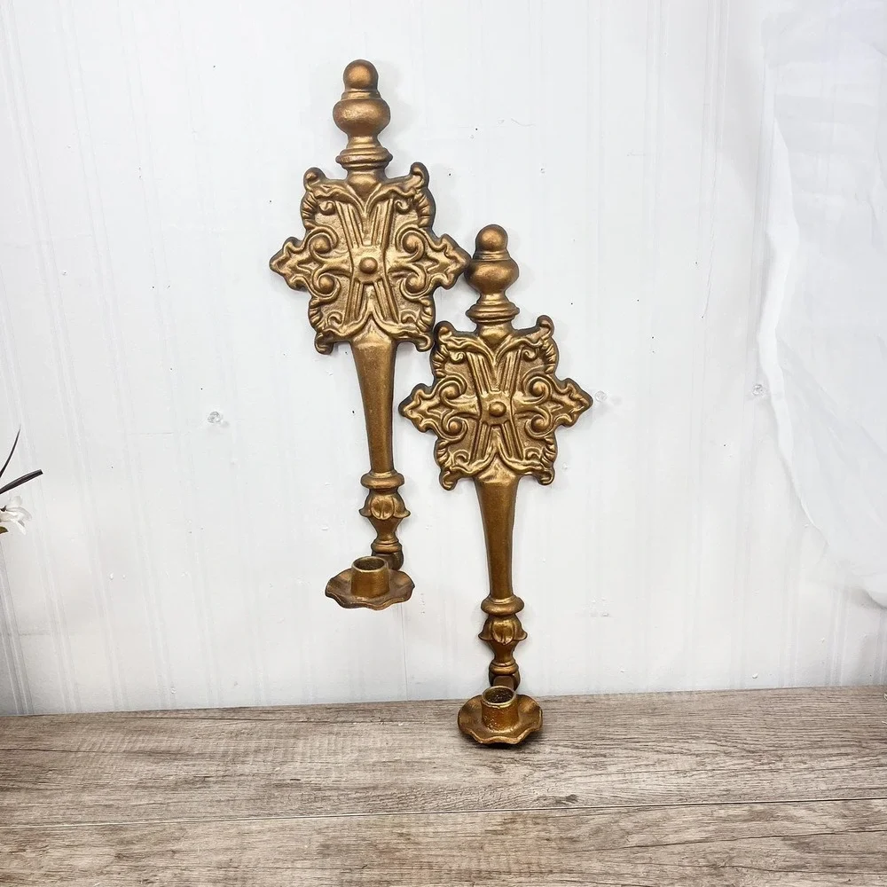 Vintage Hoda Gilt Wall Sconce Pair | 16" Ornate Gold Taper Candle Holders
